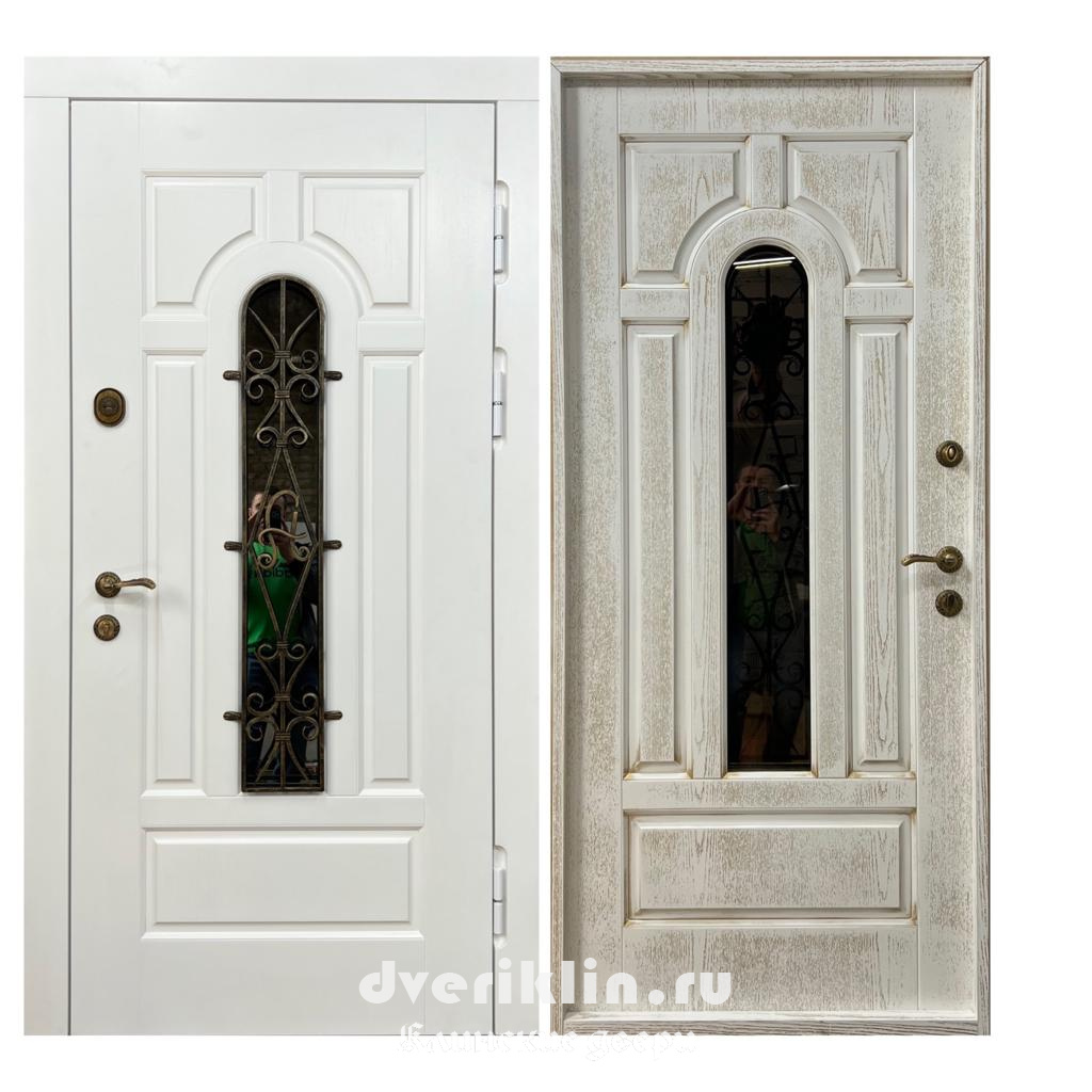 Дверь с отделкой МДФ DKS-86 (Со стеклом (окном) и ковкой)